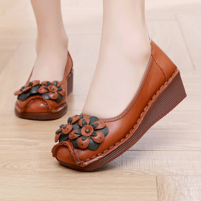 Genuine Leather Wedge Loafers Floral Design Slip-Resistant Soft Sole Shoes for Moms