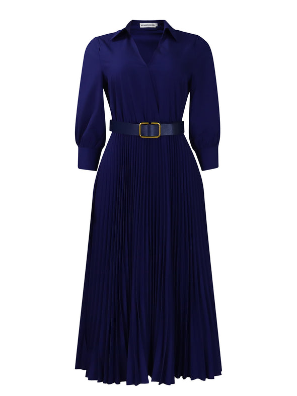 Spring V-Neck High Waist A-Line Dress with Matching Belt