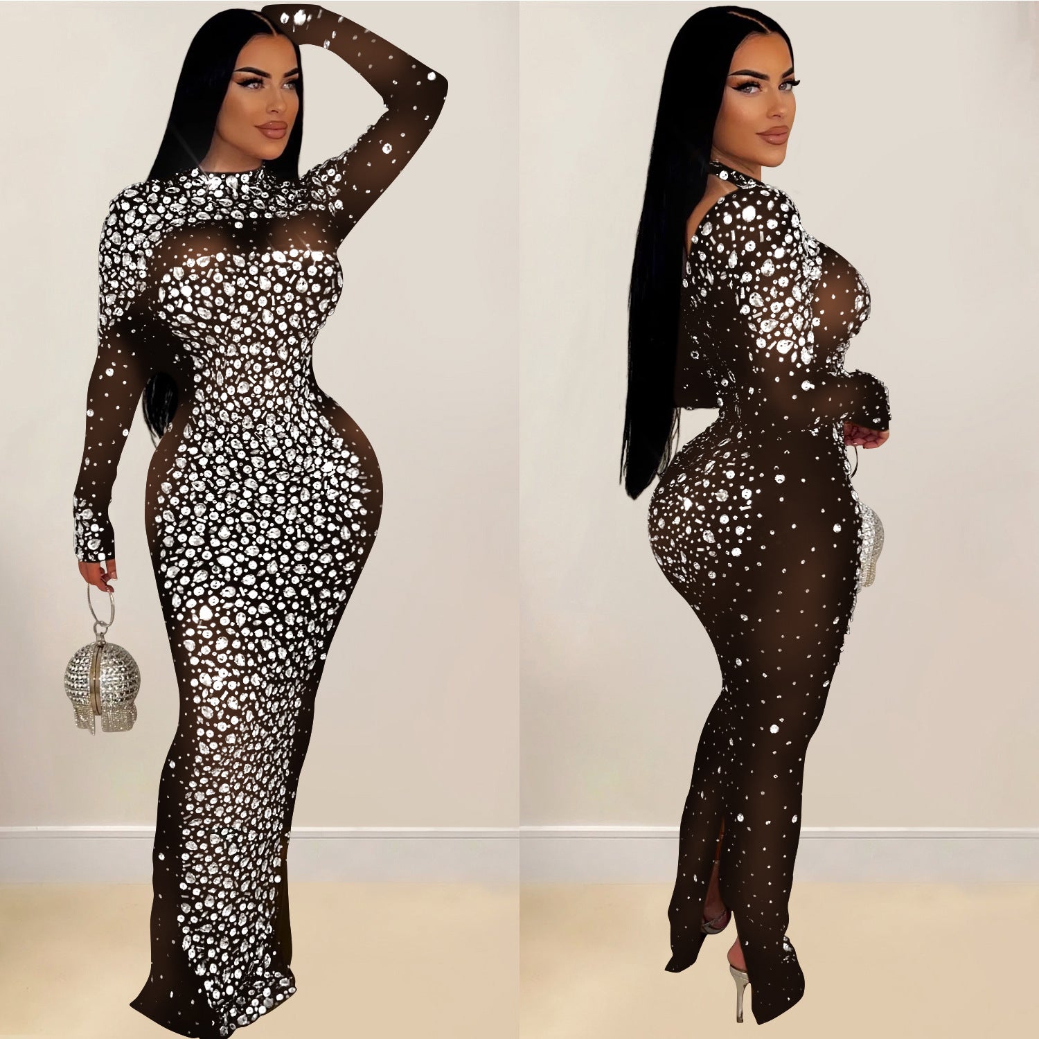 Elegant Sparkle Embellished Tulle Maxi Dress Long Sleeve High Neck