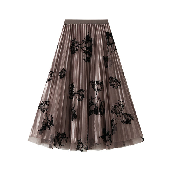 New Flocked Flower Mesh Skirt Reversible Pleated Skirt Mid-length Skirt