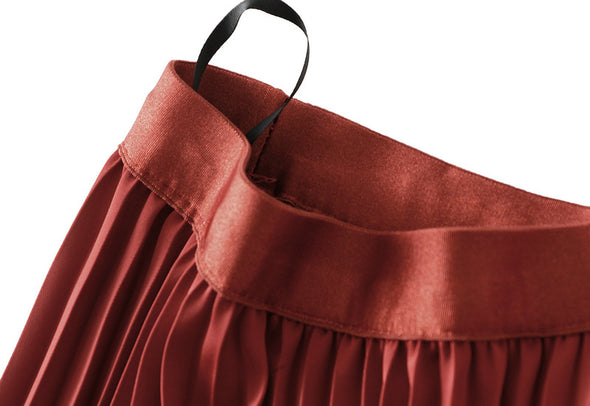 High Waist Pleated Satin Mid-length Skirt