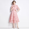 Spring French Lace Panel Round Neck Midi Dress with Flared Hem