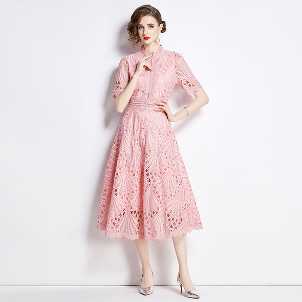 Spring French Lace Panel Round Neck Midi Dress with Flared Hem