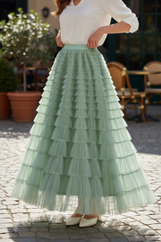 Women's Spring Autumn Pleated Long Mesh Skirt
