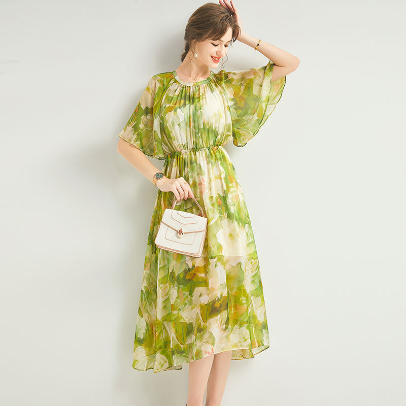 Sage Green Silk Maxi Dress Summer Circle Hem Sheer Sleeves Comfort