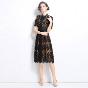 French Riviera Scalloped Lace Short Sleeve Womens Evening Midi Dress