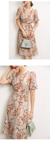 Silk French V-neck Tie Waist Print Mulberry Silk Dress