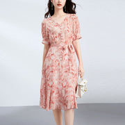 Women Summer French V-Neck Mulberry Silk Midi Dress with Floral Print