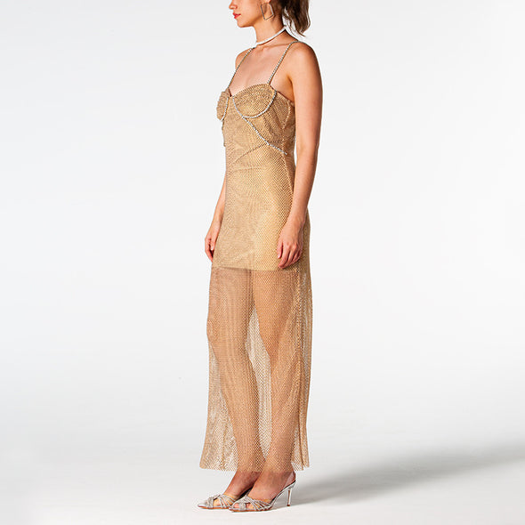 High-end Sequin Strap Dress Long Dress Gold Mesh Party Dress