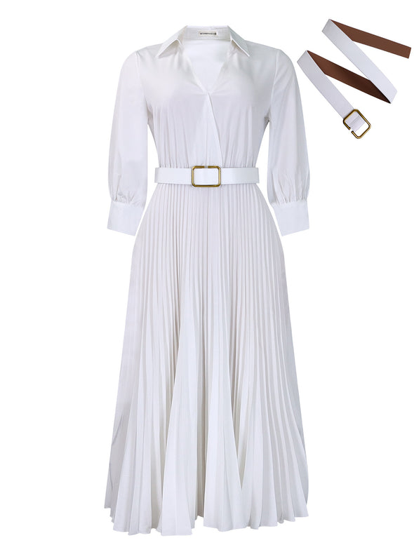 Spring V-Neck High Waist A-Line Dress with Matching Belt