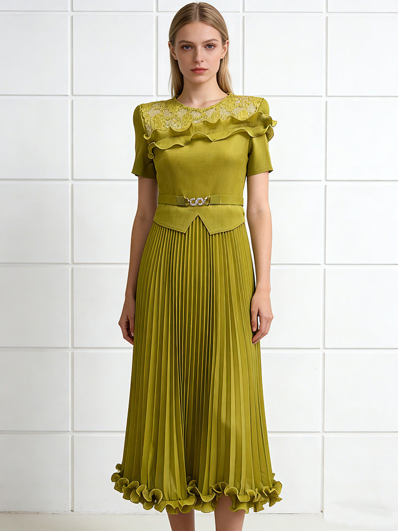 Elegant Breathable Lace Ruffled Pleated Womens Midi Dress