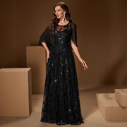 Timeless Black Sequin Embroidered Mesh Evening Maxi Gown