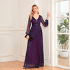 Shimmering V-Neck Ruched Gown Long Sleeve A-Line Maxi Dress with Full Lining