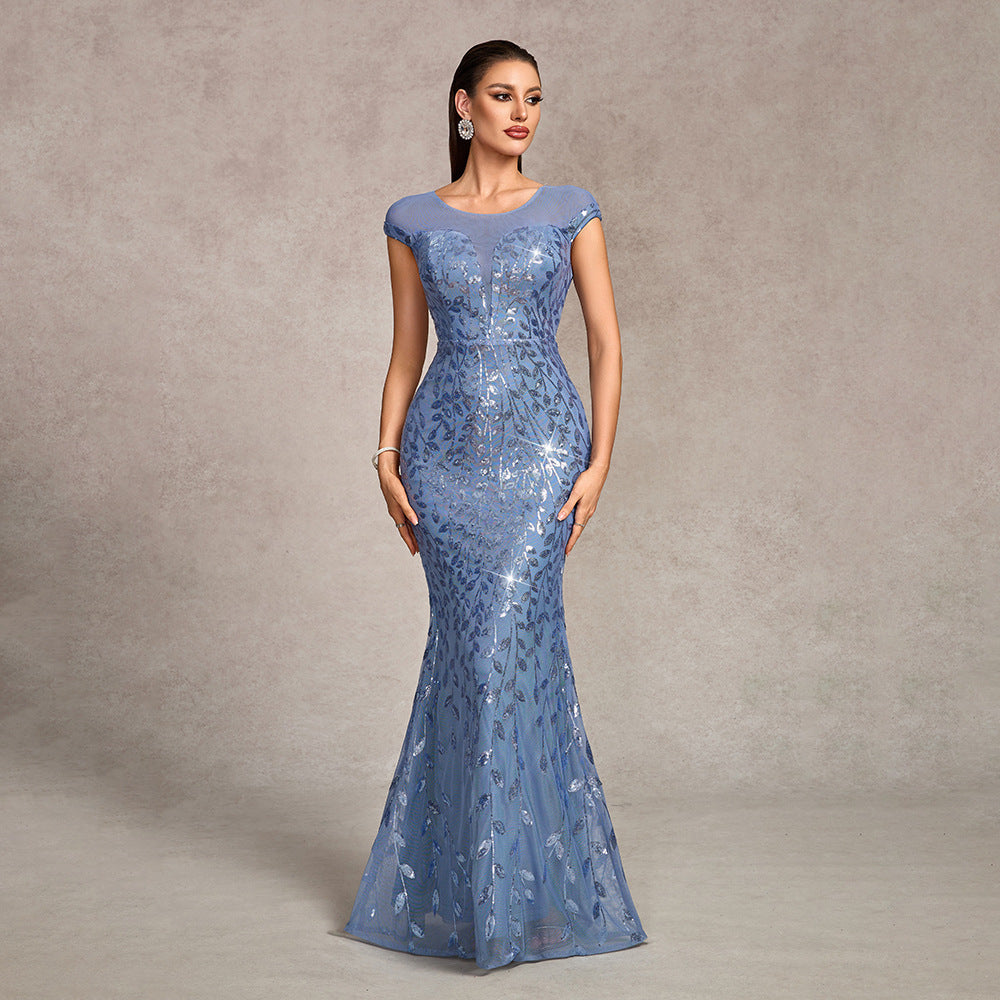 Elegant Sky Blue Sequin Mesh Mermaid Evening Gown