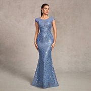 Elegant Sky Blue Sequin Mesh Mermaid Evening Gown
