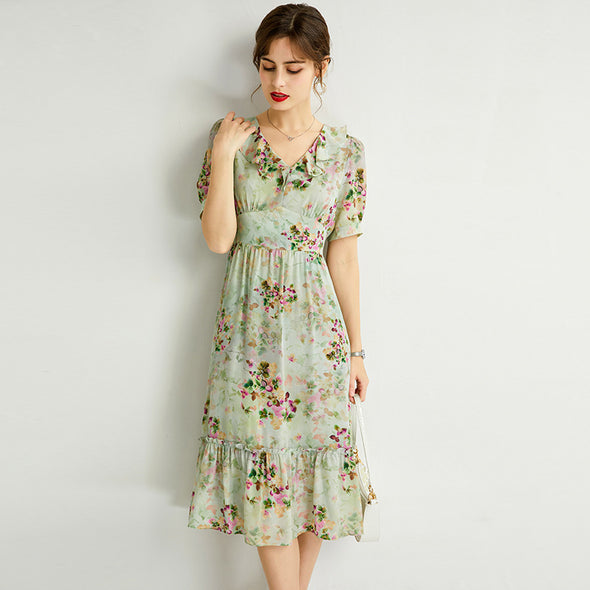Women's Summer Mulberry Silk Dress Mid-length V-neck Fashion Slim Dress