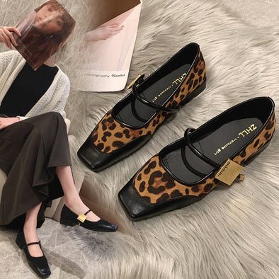 Retro Leopard Print Shallow Mouth Mary Jane Shoes Thick Heel Square Toe Women's Shoes