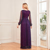 Shimmering V-Neck Ruched Gown Long Sleeve A-Line Maxi Dress with Full Lining