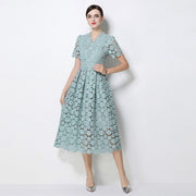 Timeless Guipure Lace Scalloped Hem Womens V Neck Midi Dress