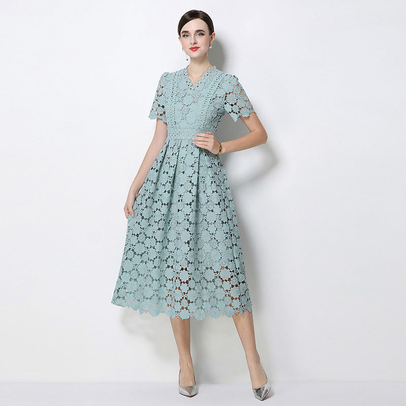 Timeless Guipure Lace Scalloped Hem Womens V Neck Midi Dress