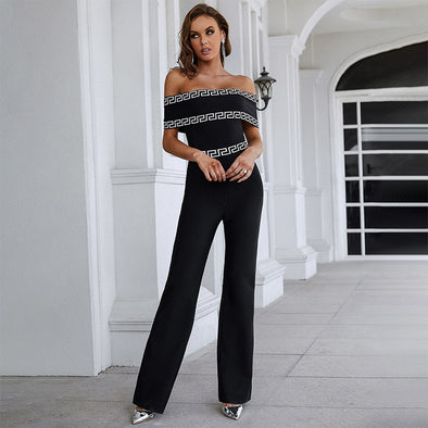 Spring and Summer Wide-leg Jumpsuits with Bateau Collar Printed Clothing