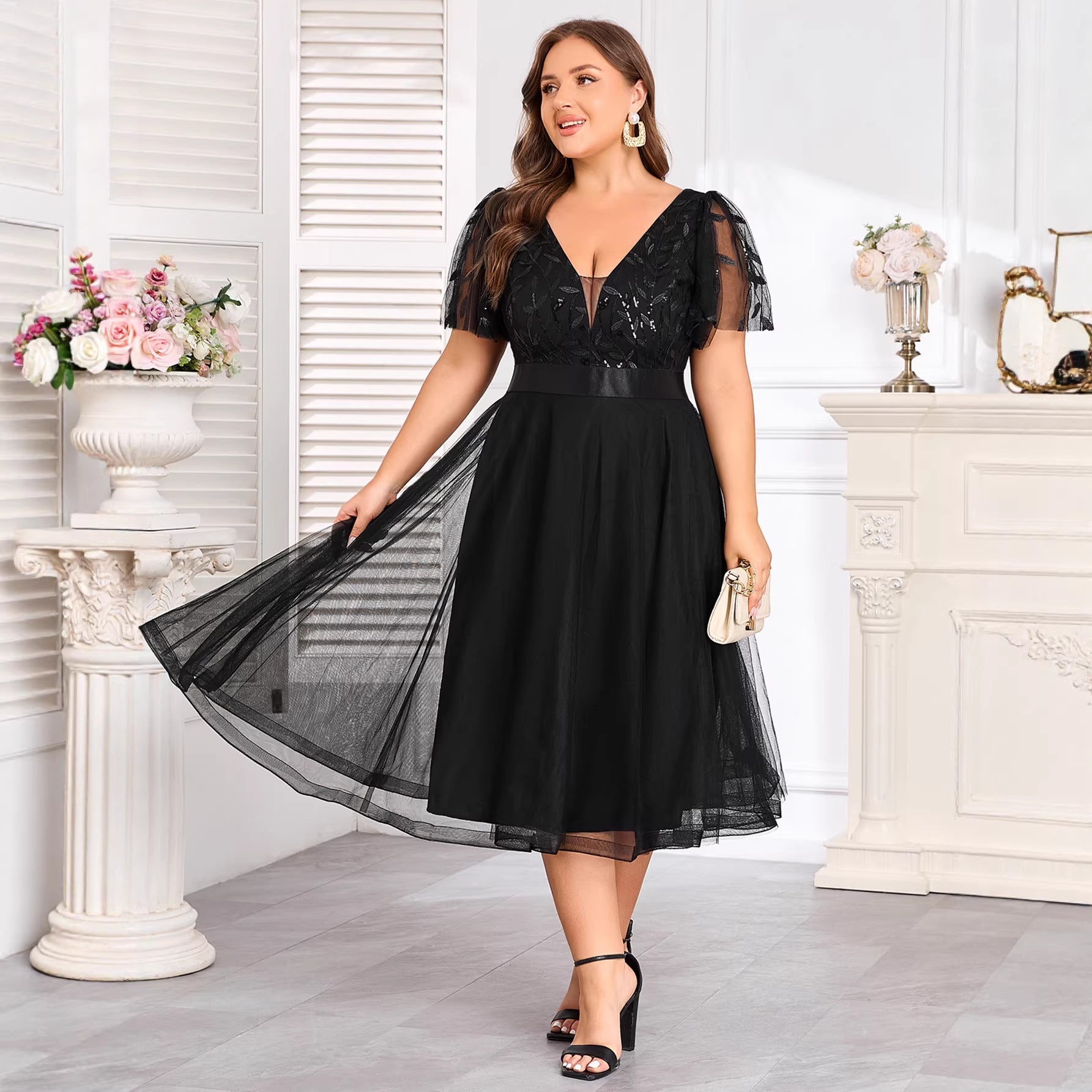 knee length dresses for ladies Black Midi Dress Short Sleeve Tulle main image 1