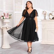 Party V Neck Sequined Tulle Midi Evening Plus Size Dress