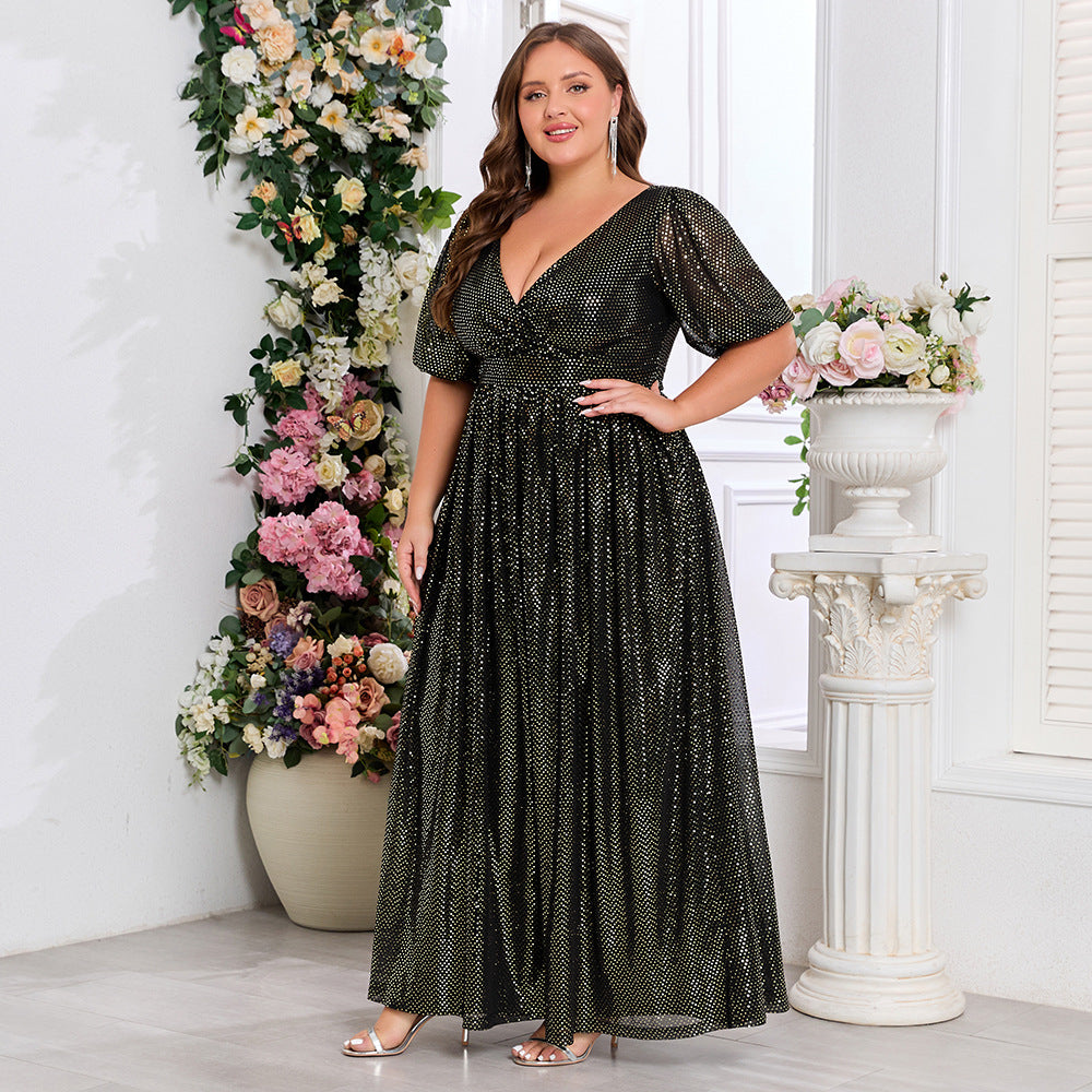 Plus Size Shiny V-Neck Short Sleeve A-Line Evening Dress Brown Formal Party Wear