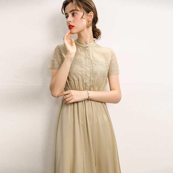 Mulberry Silk Dress Stitching Lace Stand Collar Short Sleeve Mid Length Dress
