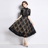 Spring French Lace Panel Round Neck Midi Dress with Flared Hem