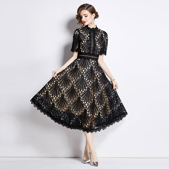 Spring French Lace Panel Round Neck Midi Dress with Flared Hem