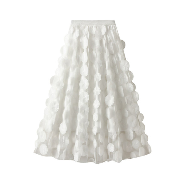 Three-dimensional Polka Dot Skirt Black Mesh Mid-length Skirt