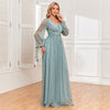 Shimmering V-Neck Ruched Gown Long Sleeve A-Line Maxi Dress with Full Lining