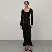 2025 Ribbed Knit Bodycon Dress with U-Neck and Long Sleeves