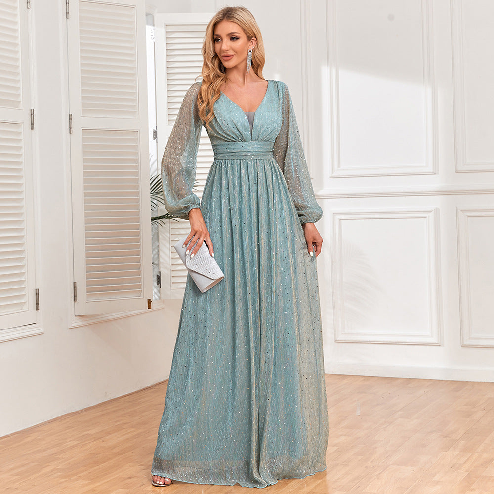 Elegant Shimmer V Neck Maxi Gown with Sheer Long Sleeves