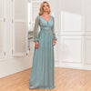 Shimmering V-Neck Ruched Gown Long Sleeve A-Line Maxi Dress with Full Lining