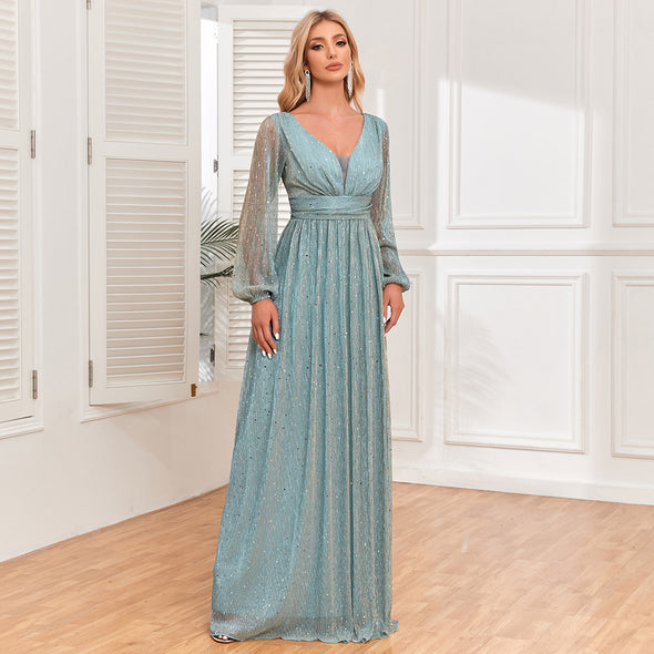 Shimmering V-Neck Ruched Gown Long Sleeve A-Line Maxi Dress with Full Lining