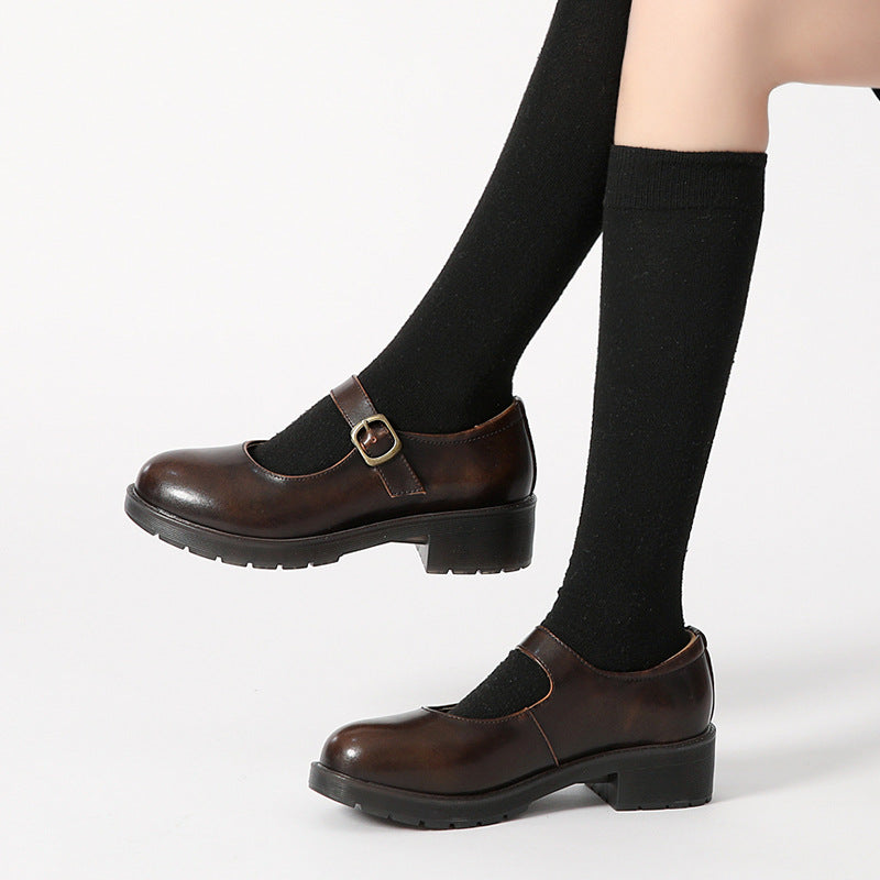 Spring Round Toe Thick Heel Leather Shoes for Women British Preppy Style Women's Shoes