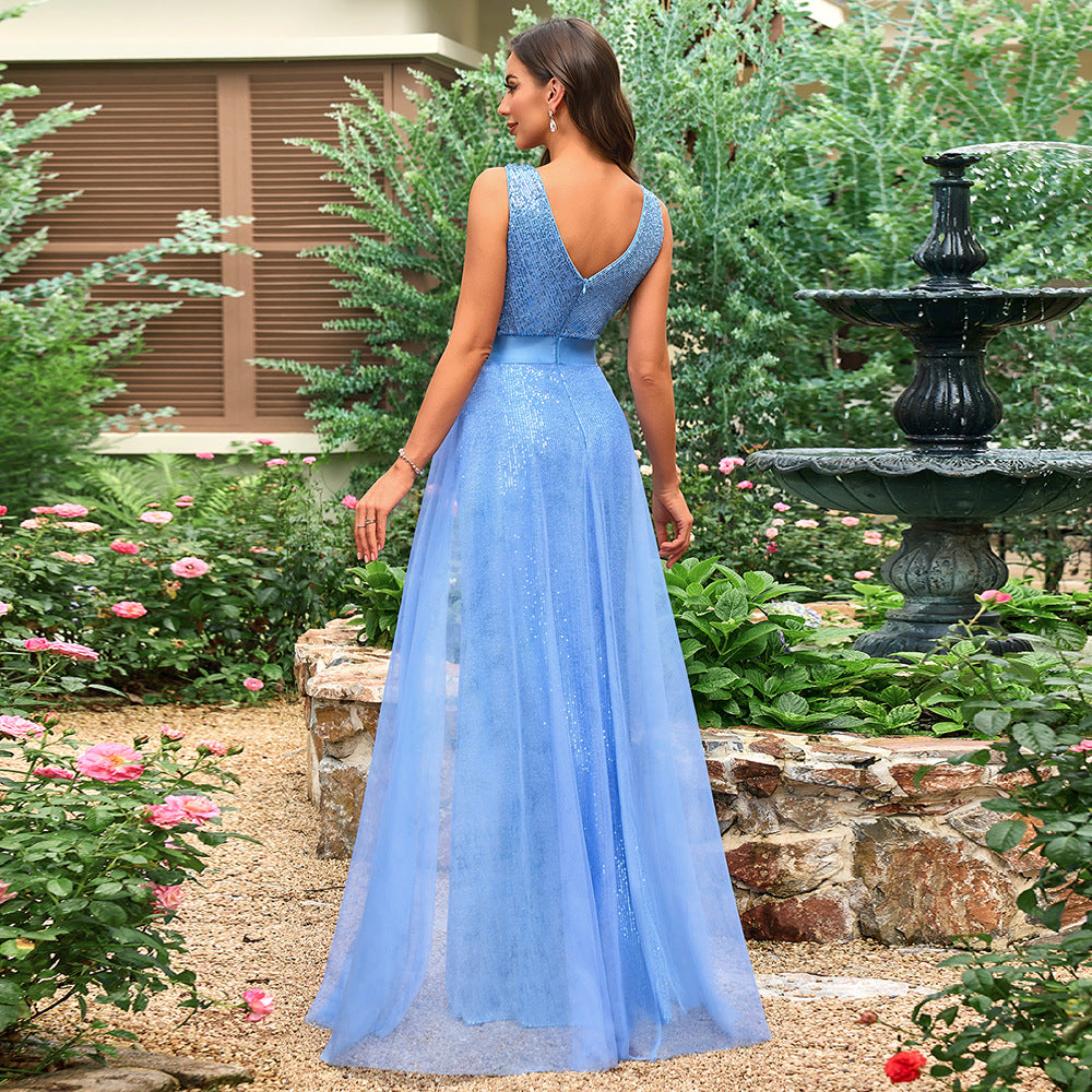 Lake Blue Party Sequin Beaded Tulle V Neck Maxi Evening Gown