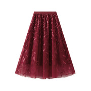 Sequined Leaf Embroidered Long Skirt A-line Drapey Mesh Skirt