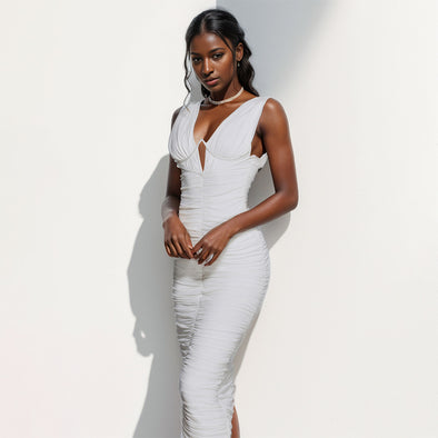 White Deep V Neck Sleeveless Bodycon Maxi Dress