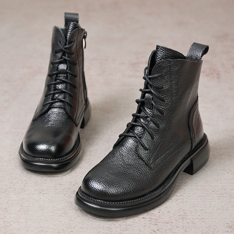 Genuine Leather Martin Boots Women's Round Toe Lace-up Soft Sole Soft Surface Shoes