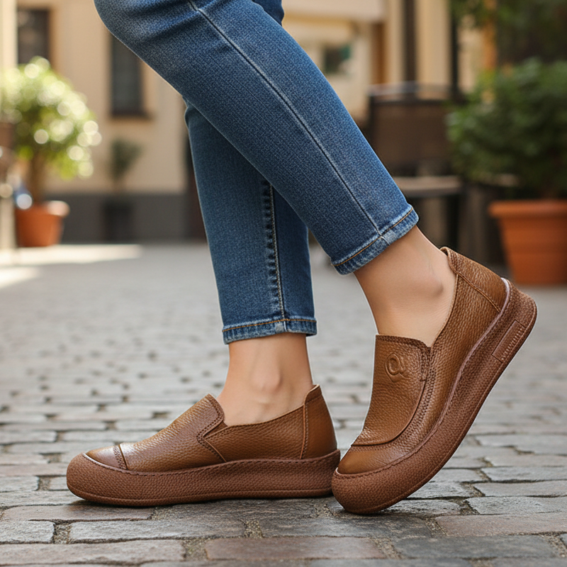Classic Leather Loafers Women Wide Width Comfort Non-Slip Sole Arch Support