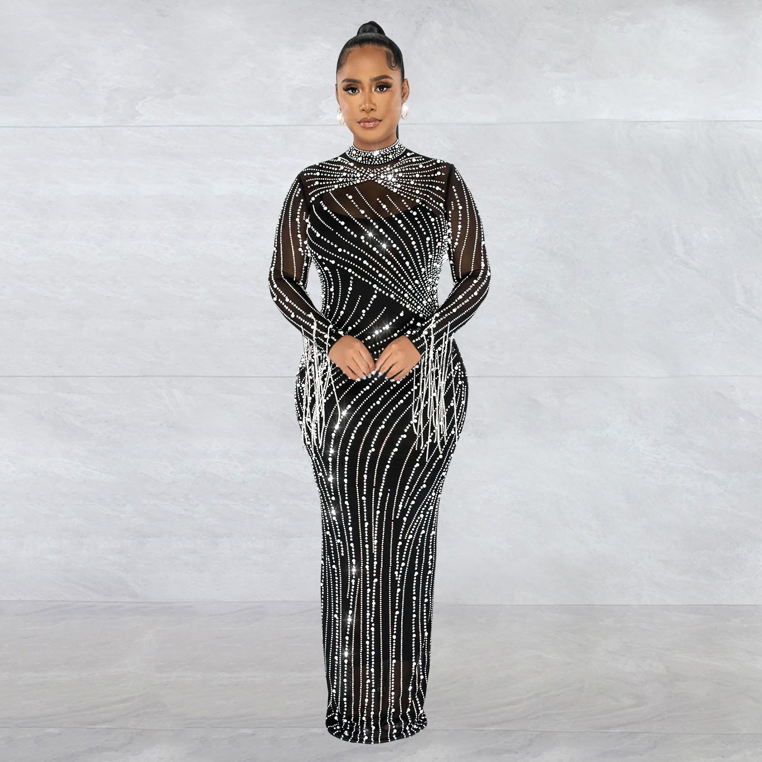 Crystal Mesh Two-Piece Maxi Dress Long Sleeve Evening Gown Formal