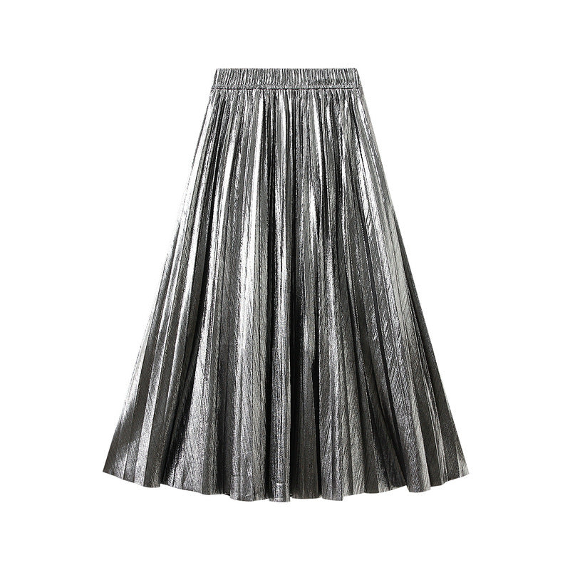 High-end Metallic Bright Silk Mid-length Skirt Spring and Autumn Pleated Skirt