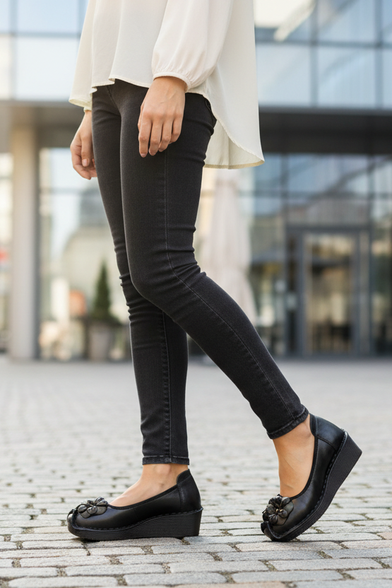 Floral Embossed Leather Slip-Ons Comfort Arch Support Wedge Heels