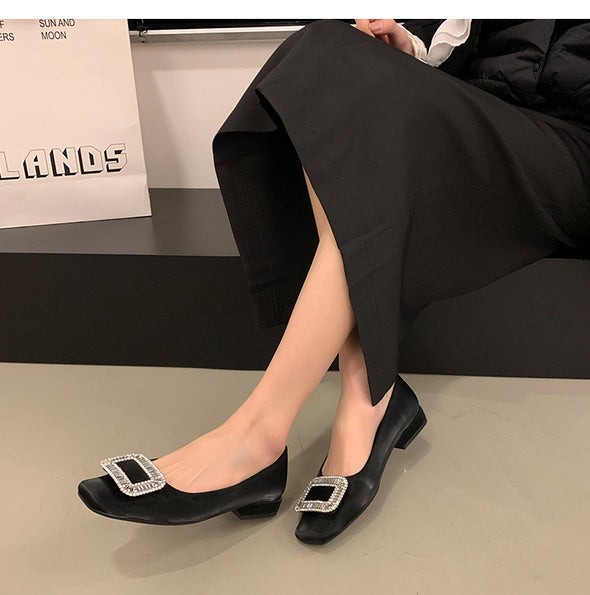 Square Buckle Thick Heel Women's Shoes Low Heel Square Toe Women's Shoes