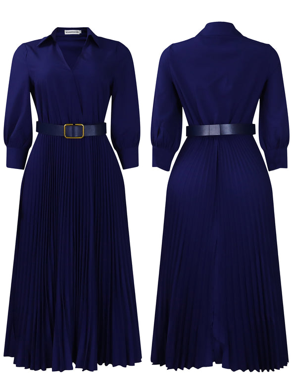 Spring V-Neck High Waist A-Line Dress with Matching Belt
