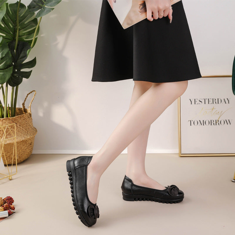 Genuine Leather Slip On Ballet Flats with Bow Detail