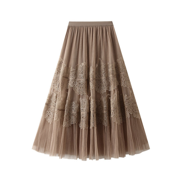 Spring and Autumn New French Sweet Lace Pleated Skirt Mesh Skirt for Women
